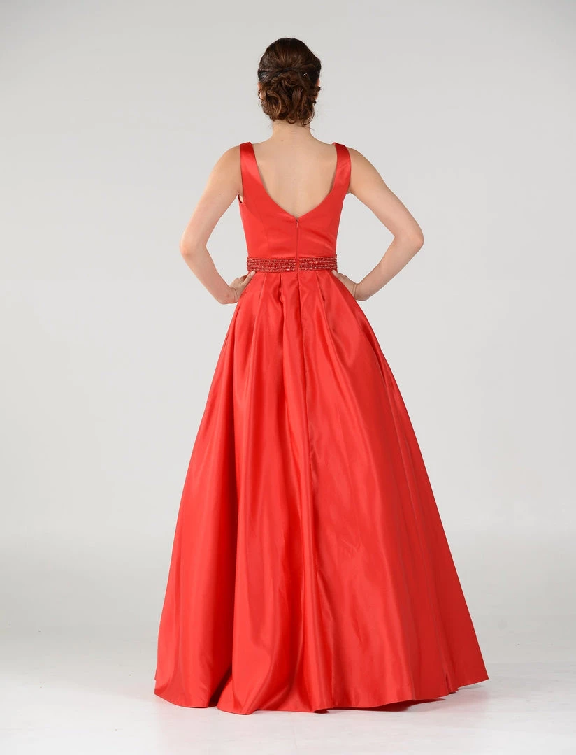 Long Deep V-Neck Dress With Beaded Waist By Poly USA 7932 10 Long Deep V-Neck Dress With Beaded Waist By Poly USA 7932