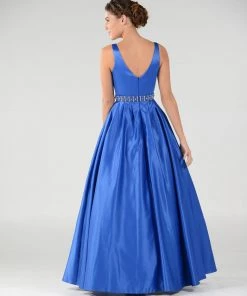 Long Deep V-Neck Dress With Beaded Waist By Poly USA 7932 18 Long Deep V-Neck Dress With Beaded Waist By Poly USA 7932