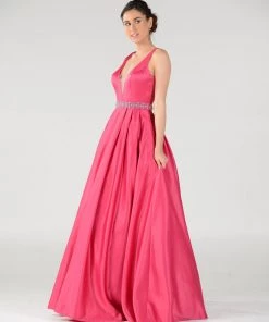 Long Deep V-Neck Dress With Beaded Waist By Poly USA 7932 16 Long Deep V-Neck Dress With Beaded Waist By Poly USA 7932