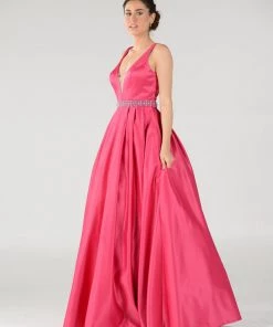 Long Deep V-Neck Dress With Beaded Waist By Poly USA 7932 15 Long Deep V-Neck Dress With Beaded Waist By Poly USA 7932