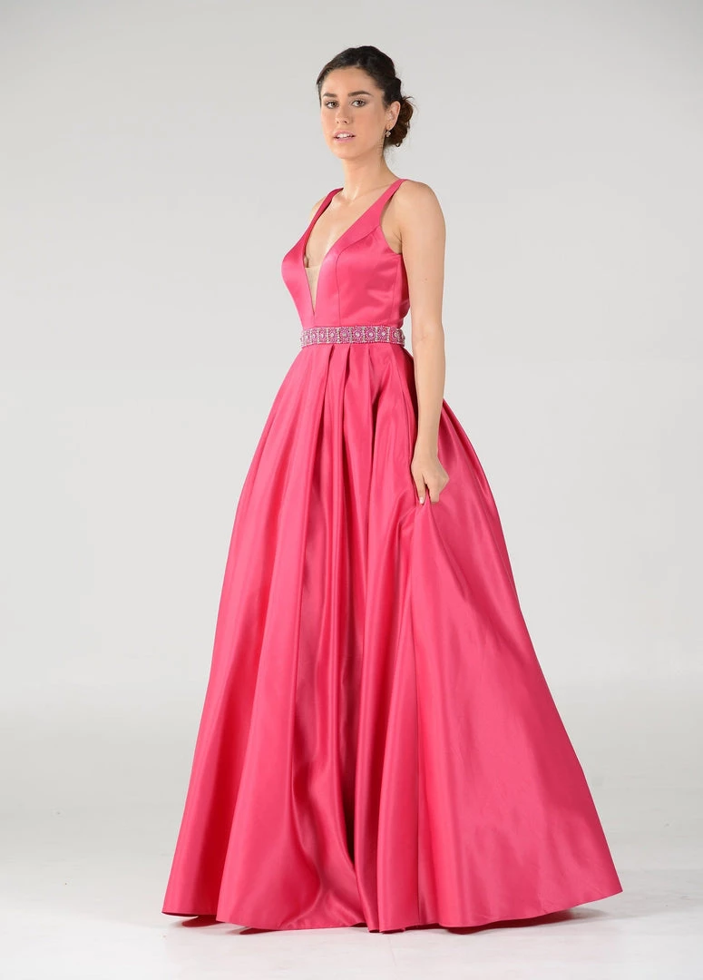 Long Deep V-Neck Dress With Beaded Waist By Poly USA 7932 5 Long Deep V-Neck Dress With Beaded Waist By Poly USA 7932