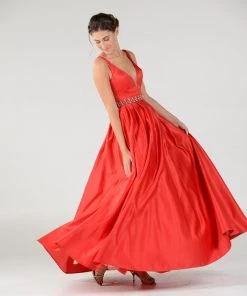 Long Deep V-Neck Dress With Beaded Waist By Poly USA 7932 21 Long Deep V-Neck Dress With Beaded Waist By Poly USA 7932