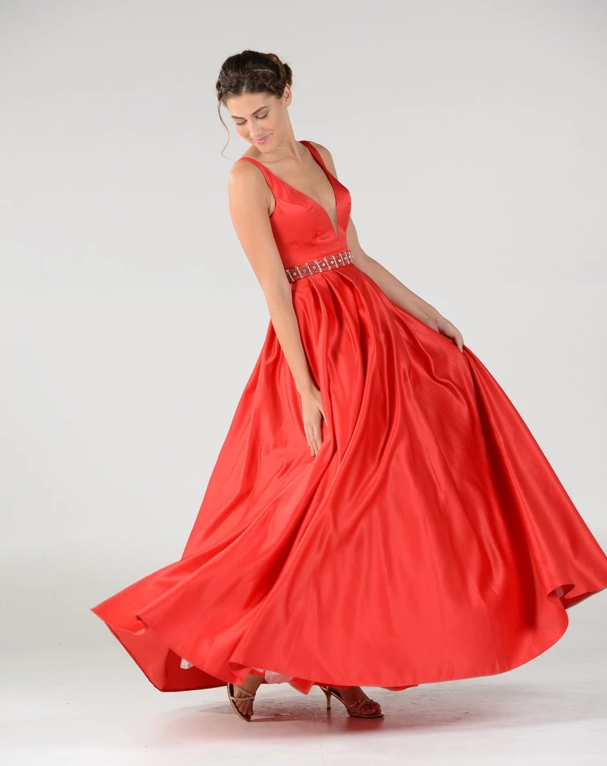 Long Deep V-Neck Dress With Beaded Waist By Poly USA 7932 11 Long Deep V-Neck Dress With Beaded Waist By Poly USA 7932