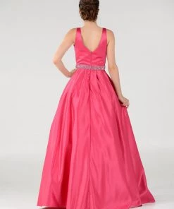 Long Deep V-Neck Dress With Beaded Waist By Poly USA 7932 14 Long Deep V-Neck Dress With Beaded Waist By Poly USA 7932