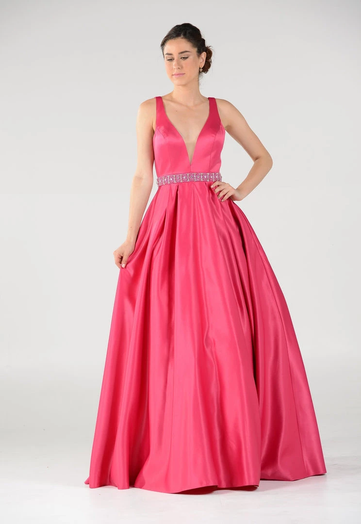 Long Deep V-Neck Dress With Beaded Waist By Poly USA 7932 3 Long Deep V-Neck Dress With Beaded Waist By Poly USA 7932