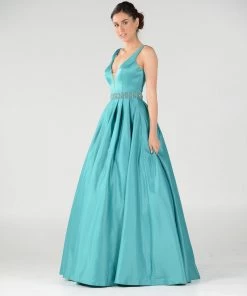 Long Deep V-Neck Dress With Beaded Waist By Poly USA 7932 22 Long Deep V-Neck Dress With Beaded Waist By Poly USA 7932