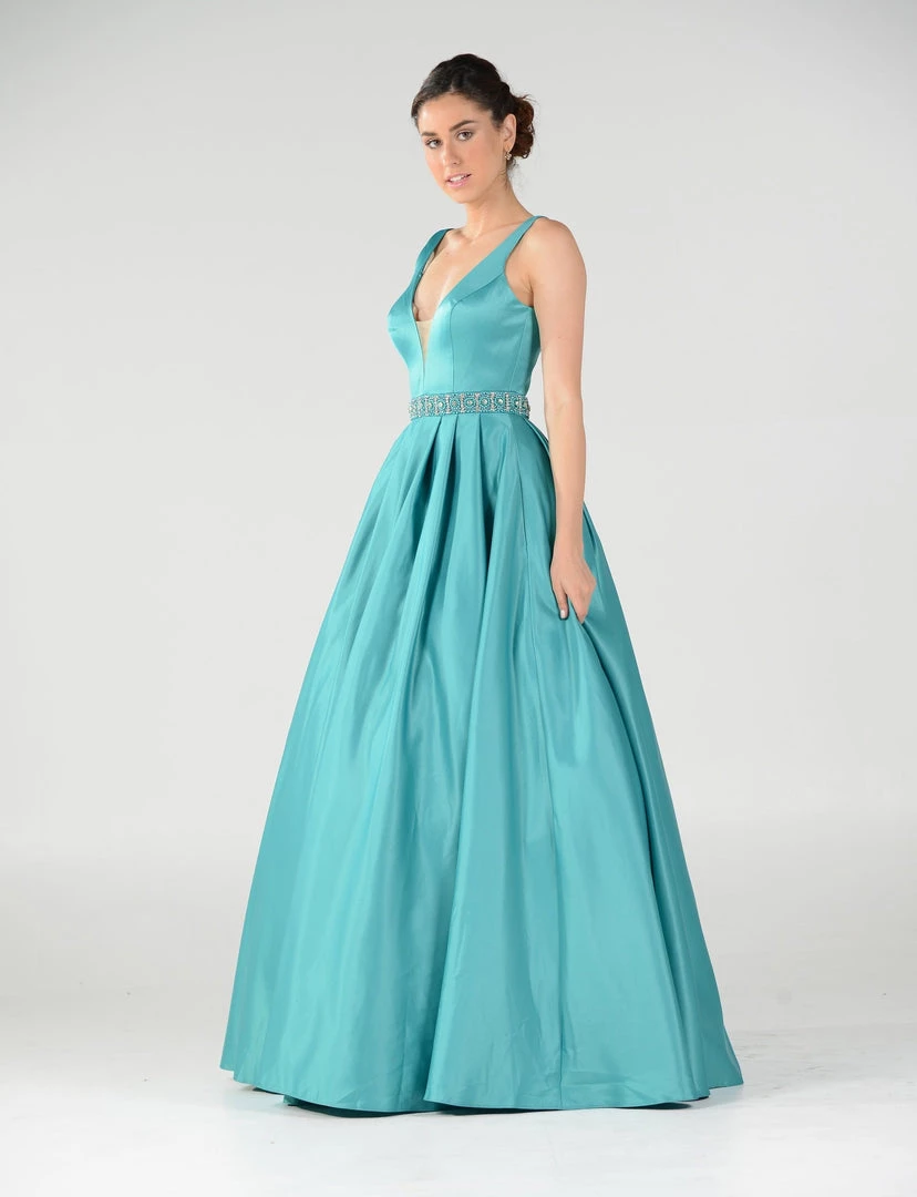 Long Deep V-Neck Dress With Beaded Waist By Poly USA 7932 12 Long Deep V-Neck Dress With Beaded Waist By Poly USA 7932