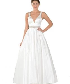 Long Deep V-Neck Dress With Beaded Waist By Poly USA 7932 23 Long Deep V-Neck Dress With Beaded Waist By Poly USA 7932