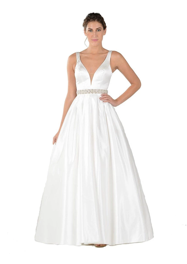 Long Deep V-Neck Dress With Beaded Waist By Poly USA 7932 13 Long Deep V-Neck Dress With Beaded Waist By Poly USA 7932