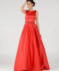 Long Deep V-Neck Dress With Beaded Waist By Poly USA 7932 19 Long Deep V-Neck Dress With Beaded Waist By Poly USA 7932