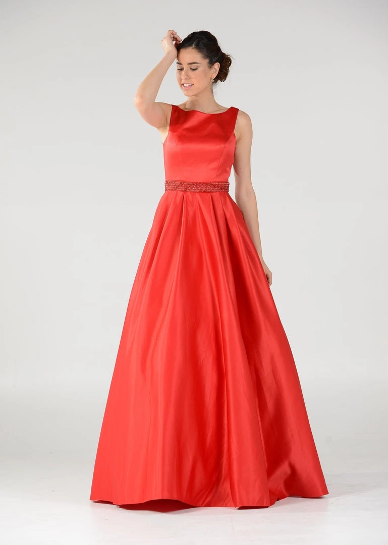 Long Deep V-Neck Dress With Beaded Waist By Poly USA 7932 9 Long Deep V-Neck Dress With Beaded Waist By Poly USA 7932