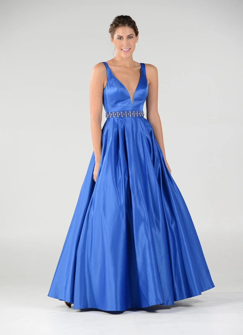 Long Deep V-Neck Dress With Beaded Waist By Poly USA 7932 7 Long Deep V-Neck Dress With Beaded Waist By Poly USA 7932