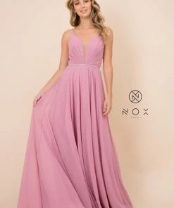 Long Deep V-Neck Dress With Corset Back By Nox Anabel R416 15 Long Deep V-Neck Dress With Corset Back By Nox Anabel R416