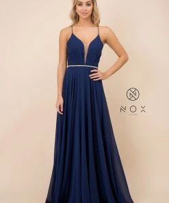 Long Deep V-Neck Dress With Corset Back By Nox Anabel R416