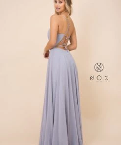 Long Deep V-Neck Dress With Corset Back By Nox Anabel R416 20 Long Deep V-Neck Dress With Corset Back By Nox Anabel R416