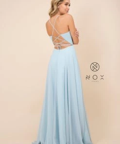 Long Deep V-Neck Dress With Corset Back By Nox Anabel R416 18 Long Deep V-Neck Dress With Corset Back By Nox Anabel R416