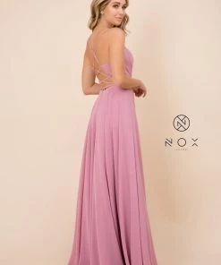 Long Deep V-Neck Dress With Corset Back By Nox Anabel R416 16 Long Deep V-Neck Dress With Corset Back By Nox Anabel R416