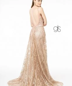 Prom Long Deep V-Neck Glitter Dress By Elizabeth K GL2955