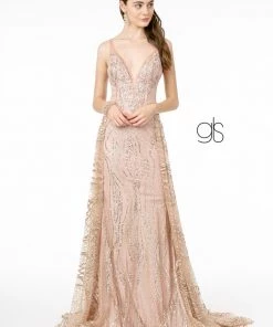 Prom Long Deep V-Neck Glitter Dress By Elizabeth K GL2955
