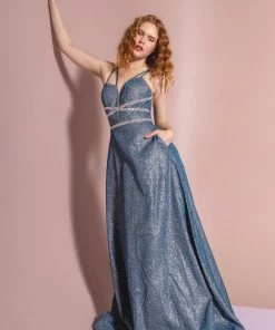 Long Deep V-Neck Glitter Dress With Pockets By Elizabeth K GL2506