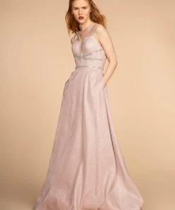 Long Deep V-Neck Glitter Dress With Pockets By Elizabeth K GL2506