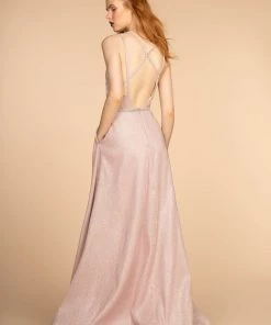 Long Deep V-Neck Glitter Dress With Pockets By Elizabeth K GL2506