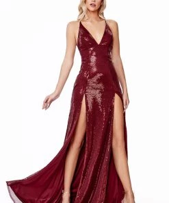 Long Double Slit Sequin Dress By Cinderella Divine CD915