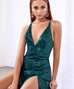 Long Double Slit Sequin Dress By Cinderella Divine CD915