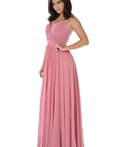 Long Dusty Rose Dress With Pleated V-Neck Bodice By Poly USA