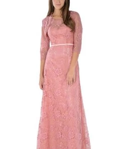 Long Dusty Rose Lace Dress With Bolero Jacket By Poly USA