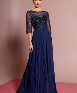 Elizabeth K Long Embellished Bodice Dress With Mid Sleeves By GLS Gloria GL2686