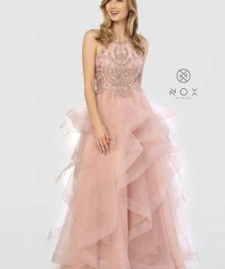 Long Embellished Halter Dress With Ruffled Skirt By Nox Anabel S266 Prom