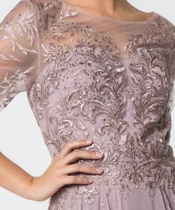 Long Embroidered Bodice Dress With 3/4 Sleeves By Elizabeth K GL2810 20 Long Embroidered Bodice Dress With 3/4 Sleeves By Elizabeth K GL2810