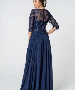 Long Embroidered Bodice Dress With 3/4 Sleeves By Elizabeth K GL2810