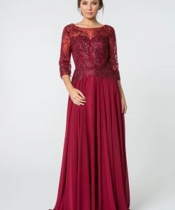 Long Embroidered Bodice Dress With 3/4 Sleeves By Elizabeth K GL2810 22 Long Embroidered Bodice Dress With 3/4 Sleeves By Elizabeth K GL2810