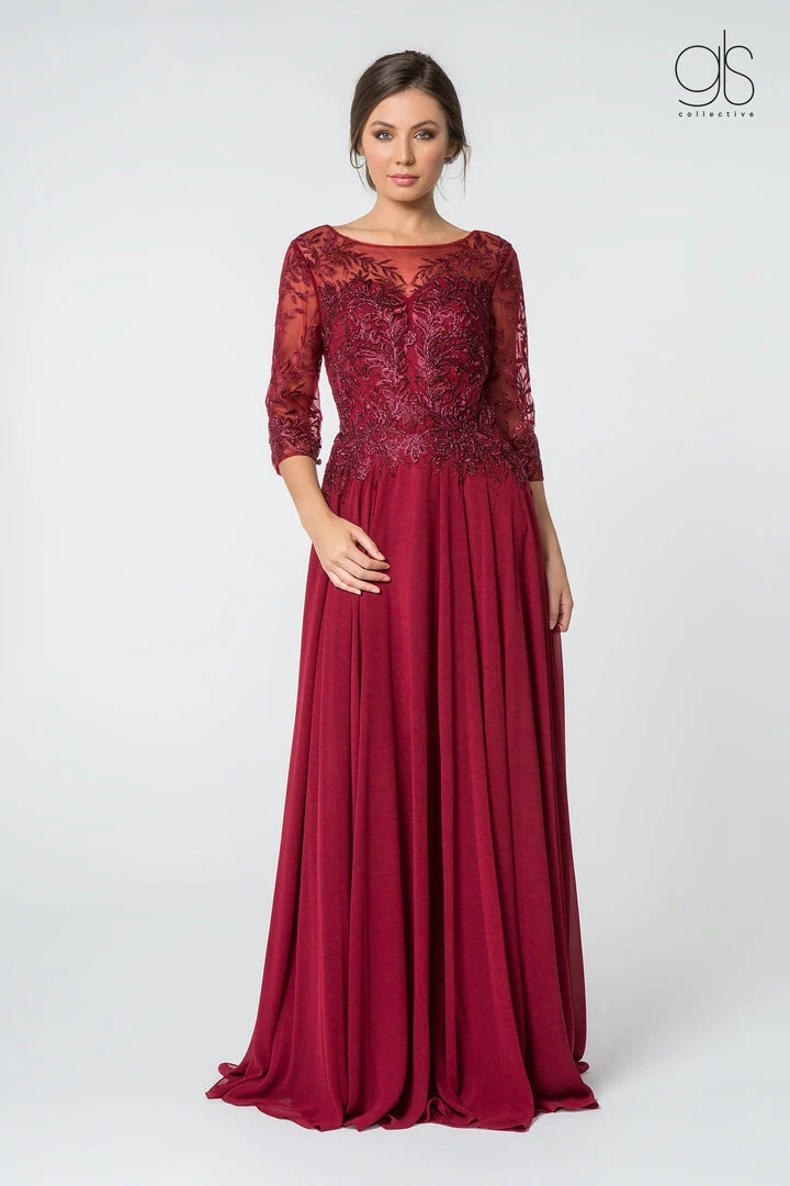 Long Embroidered Bodice Dress With 3/4 Sleeves By Elizabeth K GL2810 11 Long Embroidered Bodice Dress With 3/4 Sleeves By Elizabeth K GL2810