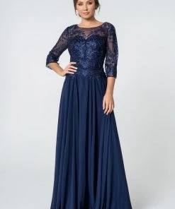 Long Embroidered Bodice Dress With 3/4 Sleeves By Elizabeth K GL2810