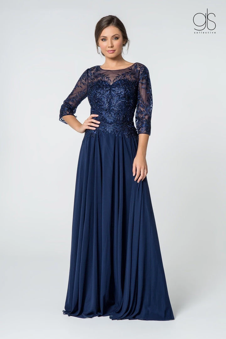 Long Embroidered Bodice Dress With 3/4 Sleeves By Elizabeth K GL2810 3 Long Embroidered Bodice Dress With 3/4 Sleeves By Elizabeth K GL2810