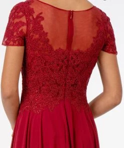 Long Embroidered Bodice Dress With Short Sleeves By Elizabeth K GL2813