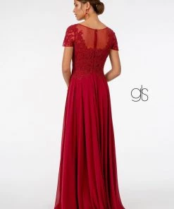 Long Embroidered Bodice Dress With Short Sleeves By Elizabeth K GL2813