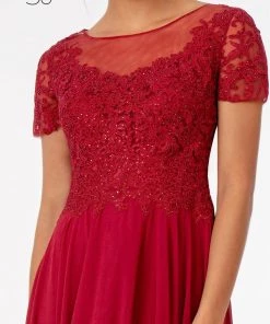Long Embroidered Bodice Dress With Short Sleeves By Elizabeth K GL2813