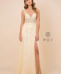 Long Embroidered Bodice Dress With Slit By Nox Anabel G390