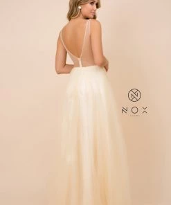 Long Embroidered Bodice Dress With Slit By Nox Anabel G390