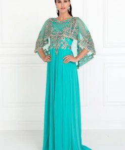 Long Embroidered Burgundy Cape Dress By Elizabeth K GL1527