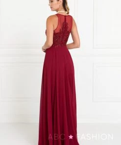 Prom Long Embroidered Burgundy Chiffon Dress By Elizabeth K GL1570