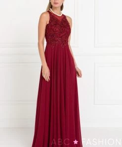 Prom Long Embroidered Burgundy Chiffon Dress By Elizabeth K GL1570