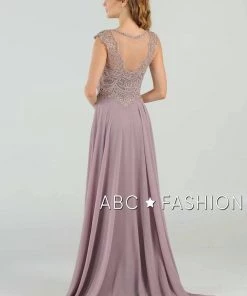 Long Embroidered Cap Sleeve Dress With Slit By Poly USA 8254 Prom