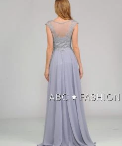 Long Embroidered Cap Sleeve Dress With Slit By Poly USA 8254 Prom