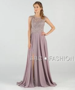 Long Embroidered Cap Sleeve Dress With Slit By Poly USA 8254 Prom