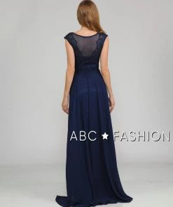 Long Embroidered Cap Sleeve Dress With Slit By Poly USA 8254 Prom